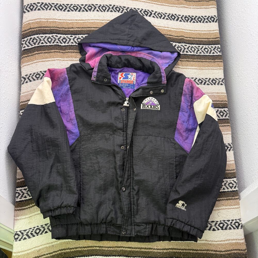 Vintage 90's Starter Colorado Rockies Black Purple Faded Hooded Puffer Jacket L